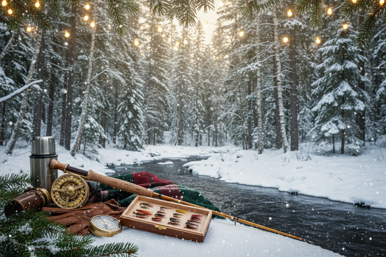 Erstelle mir ein Elegantes Bild für eine Sale Kampange zu weihnachten für unseren Outdoor und Fliegenfischer Shop